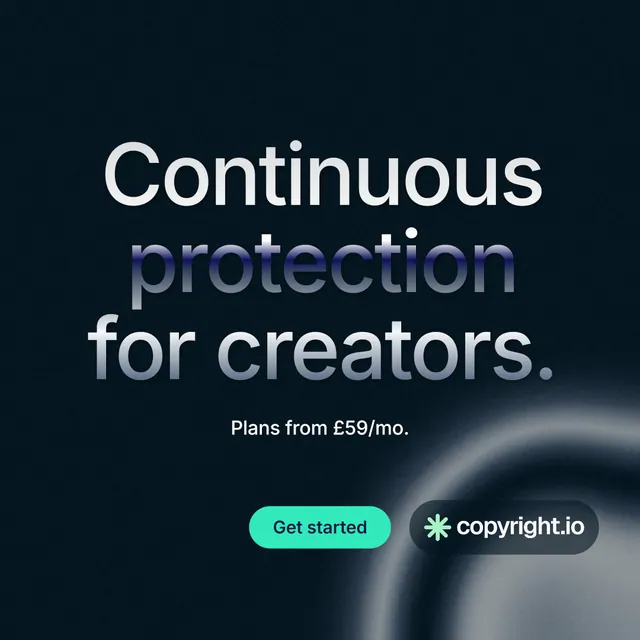 Instagram post for copyright.io: "Continuous protection for creators." Y2K style, centred layout, dark palette in black, grey.