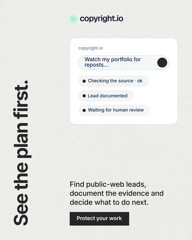 Instagram portrait post for copyright.io: "See the plan first." Swiss style, vertical layout, light palette in white, grey.