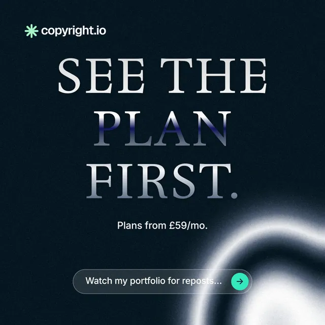Instagram post for copyright.io: "See the plan first." Agentic glass style, centred layout, dark palette in black, blue, grey.