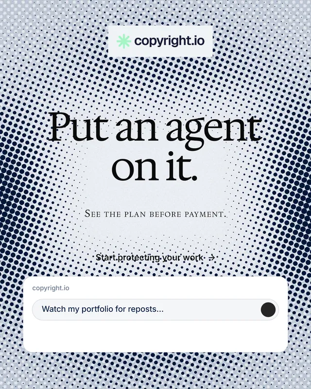 Instagram portrait post for copyright.io: "Put an agent on it." Swiss style, smallcaps layout, light palette in grey, white.