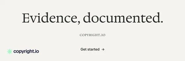 X header for copyright.io: "Evidence, documented." Minimal luxury style, smallcaps layout, light palette in white, grey.