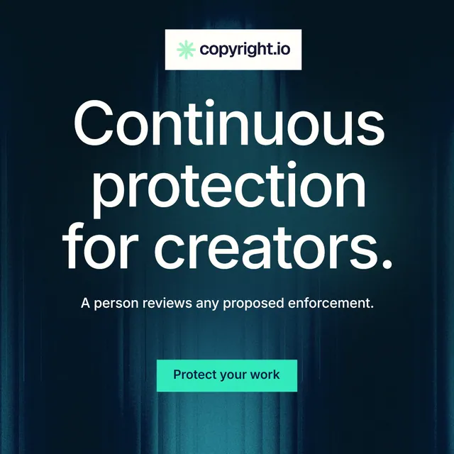Instagram post for copyright.io: "Continuous protection for creators." Swiss style, centred layout, dark palette in blue, black, grey.