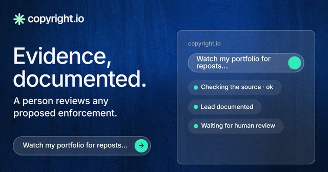 Social ad for copyright.io: "Evidence, documented." Agentic glass style, bottom layout, dark palette in blue.