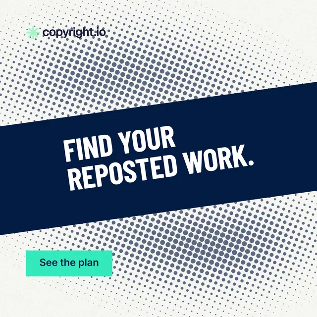 Instagram post for copyright.io: "Find your reposted work." Retro print style, diagonal layout, light palette in blue, white, grey.