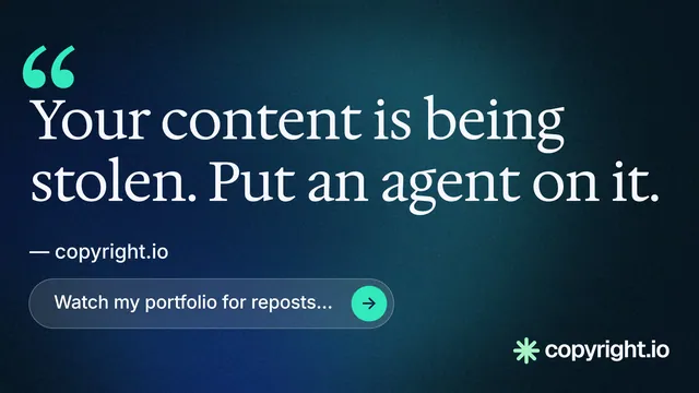 Landscape graphic for copyright.io: "Find your reposted work." Agentic glass style, quote layout, dark palette in blue, black, grey.