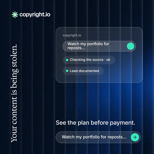 Instagram post for copyright.io: "Your content is being stolen." Agentic glass style, vertical layout, dark palette in blue, black.