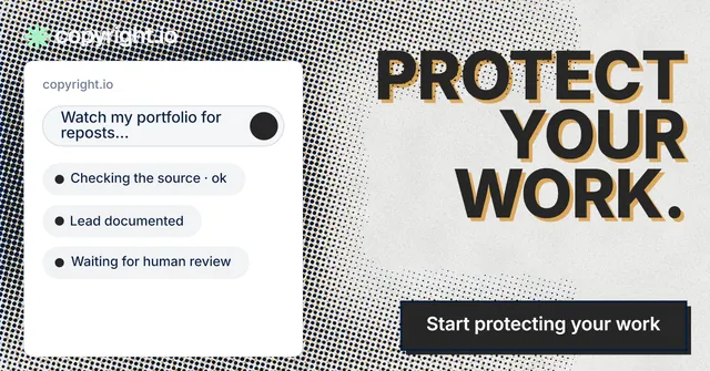 Social ad for copyright.io: "Protect your work." Brutalist style, right layout, light palette in white, grey.