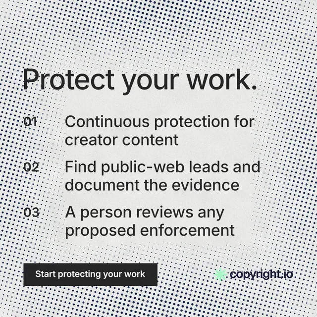 Instagram post for copyright.io: "Protect your work." Swiss style, numbered layout, light palette in white, grey.