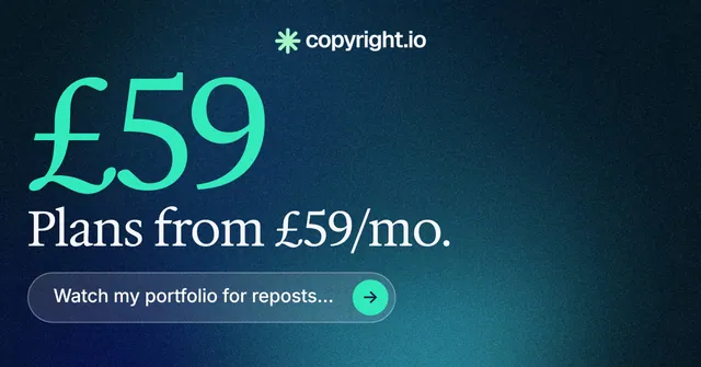 Social ad for copyright.io: "Find your reposted work." Agentic glass style, stat layout, dark palette in black, blue, teal.