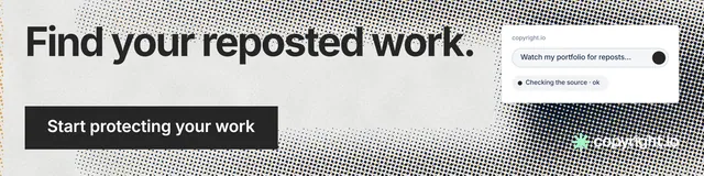 LinkedIn banner for copyright.io: "Find your reposted work." Swiss style, skeleton layout, light palette in grey, white.