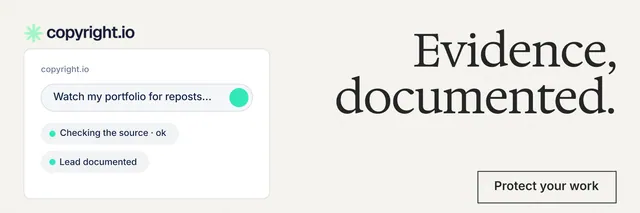 X header for copyright.io: "Evidence, documented." Editorial style, right layout, light palette in white, grey.