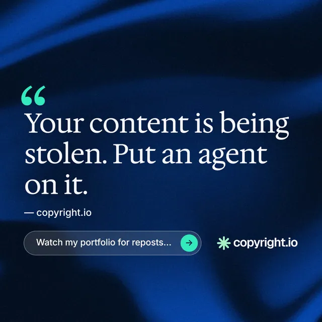 Instagram post for copyright.io: "Continuous protection for creators." Agentic glass style, quote layout, dark palette in blue, black.