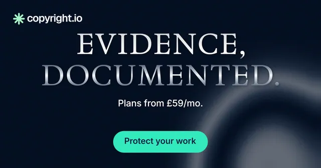 Social ad for copyright.io: "Evidence, documented." Y2K style, centred layout, dark palette in black, teal.