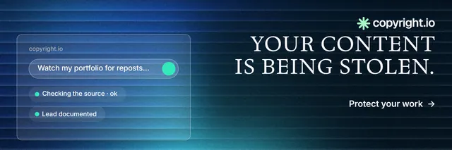X header for copyright.io: "Your content is being stolen." Minimal luxury style, right layout, dark palette in blue, black.