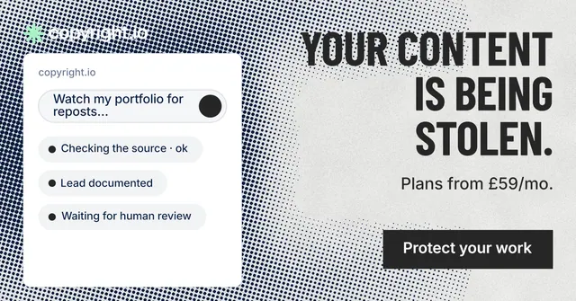 Social ad for copyright.io: "Your content is being stolen." Retro print style, right layout, light palette in white, grey.