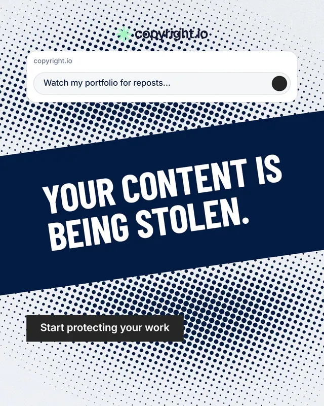 Instagram portrait post for copyright.io: "Your content is being stolen." Retro print style, diagonal layout, light palette in blue, white, grey.