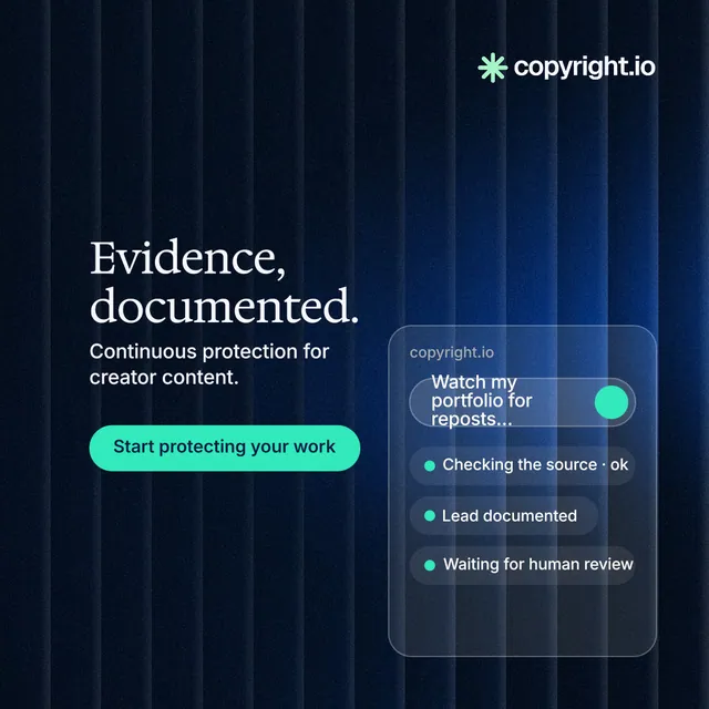 Instagram post for copyright.io: "Evidence, documented." Agentic glass style, skeleton layout, dark palette in blue, black.