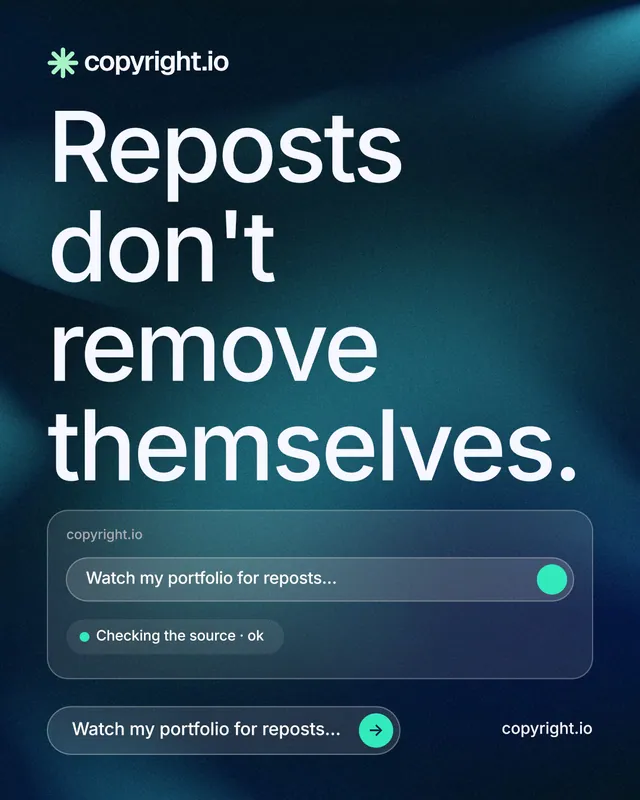 Instagram portrait post for copyright.io: "Reposts don't remove themselves." Agentic glass style, poster layout, dark palette in blue, black.