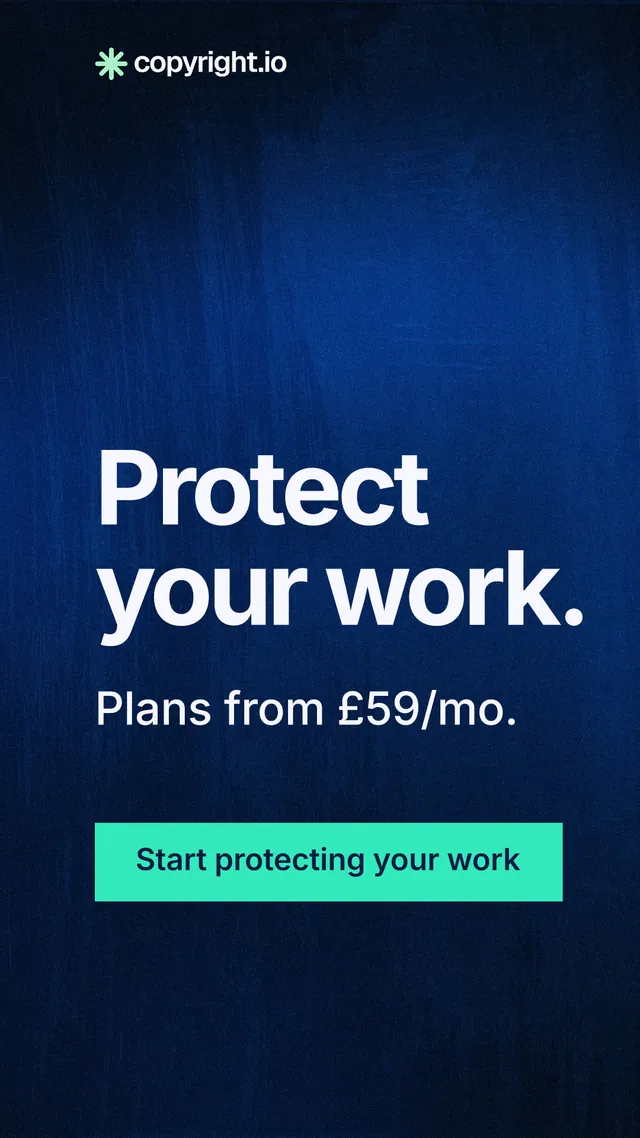 Instagram story for copyright.io: "Protect your work." Swiss style, skeleton layout, dark palette in blue, black.