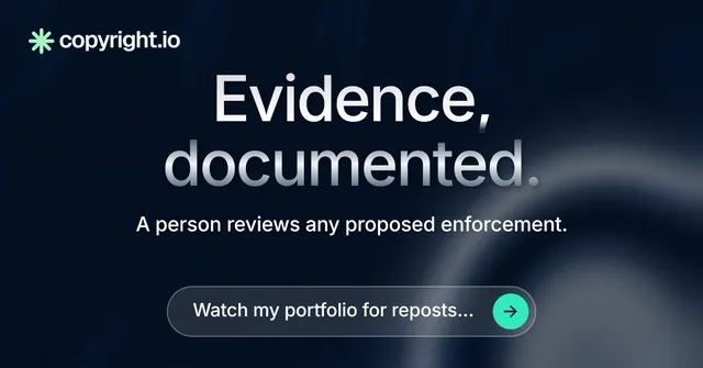 Social ad for copyright.io: "Evidence, documented." Agentic glass style, centred layout, dark palette in black, grey, blue.