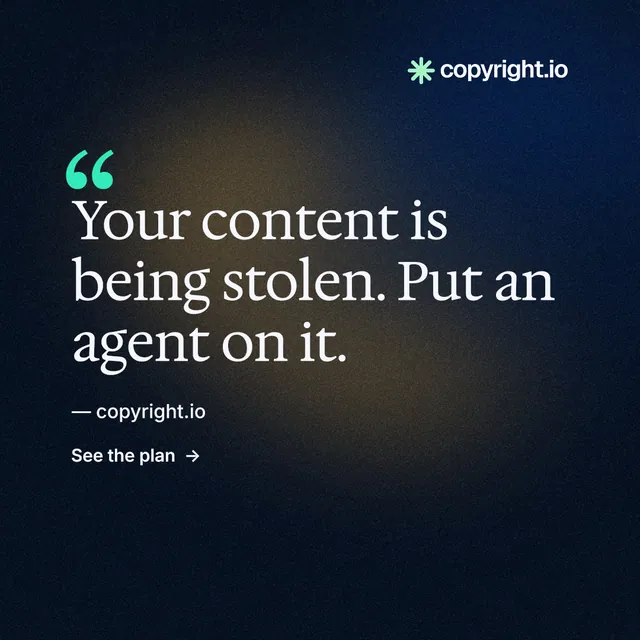 Instagram post for copyright.io: "Evidence, documented." Minimal luxury style, quote layout, dark palette in blue, black, grey.