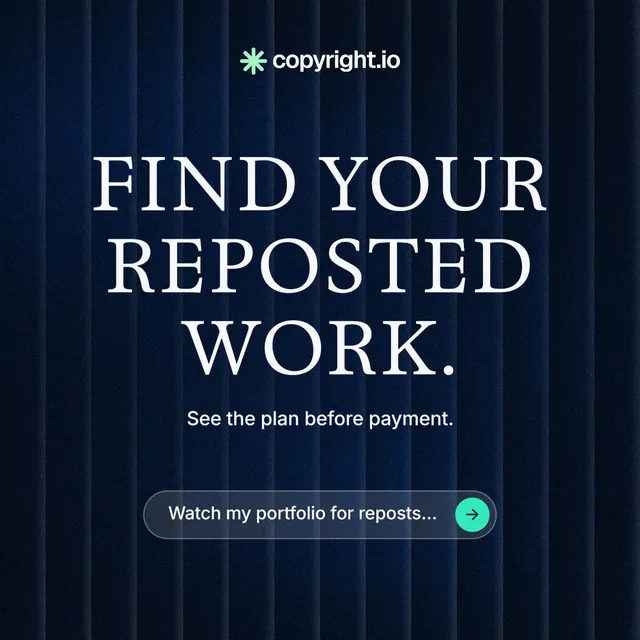 Instagram post for copyright.io: "Find your reposted work." Agentic glass style, centred layout, dark palette in black, blue.
