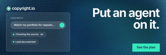 X header for copyright.io: "Put an agent on it." Swiss style, right layout, dark palette in blue, teal.