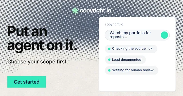 Social ad for copyright.io: "Put an agent on it." Swiss style, bottom layout, light palette in green, grey, white.