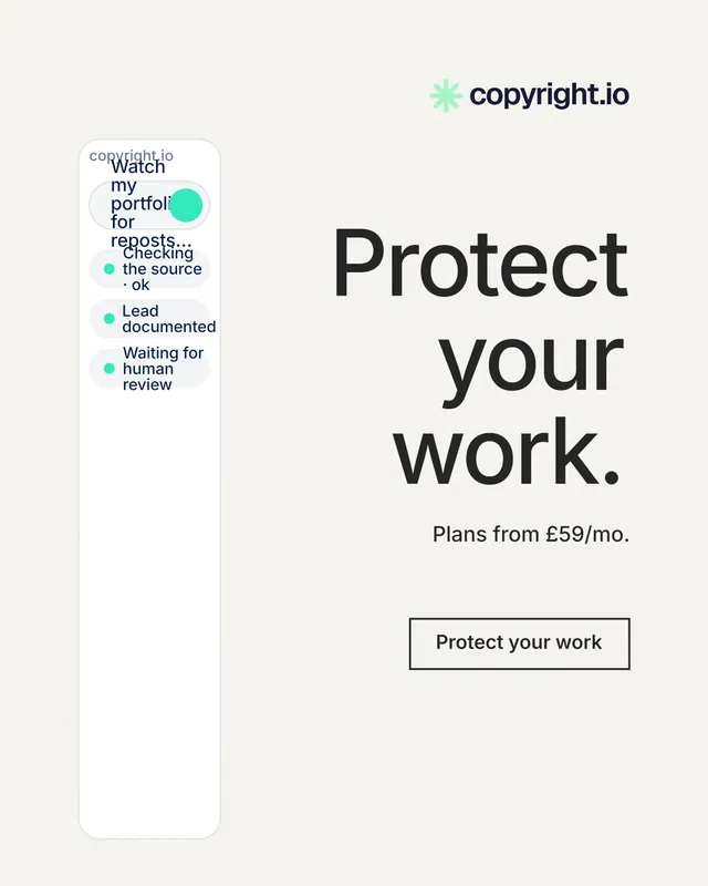Instagram portrait post for copyright.io: "Protect your work." Editorial style, right layout, light palette in white, grey.