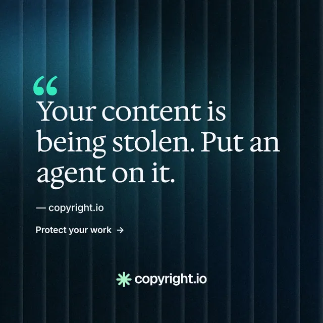 Instagram post for copyright.io: "Evidence, documented." Minimal luxury style, quote layout, dark palette in black, blue.