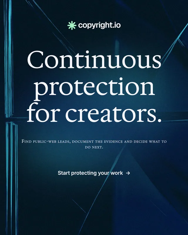 Instagram portrait post for copyright.io: "Continuous protection for creators." Minimal luxury style, smallcaps layout, dark palette in black, blue.