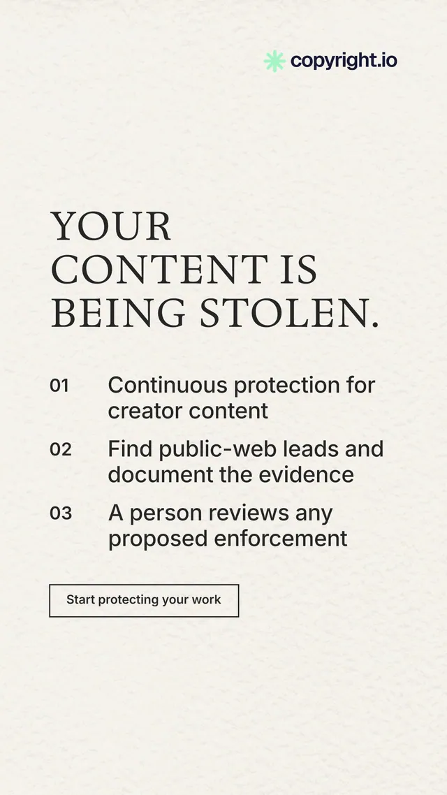 Instagram story for copyright.io: "Your content is being stolen." Editorial style, numbered layout, light palette in white, grey.