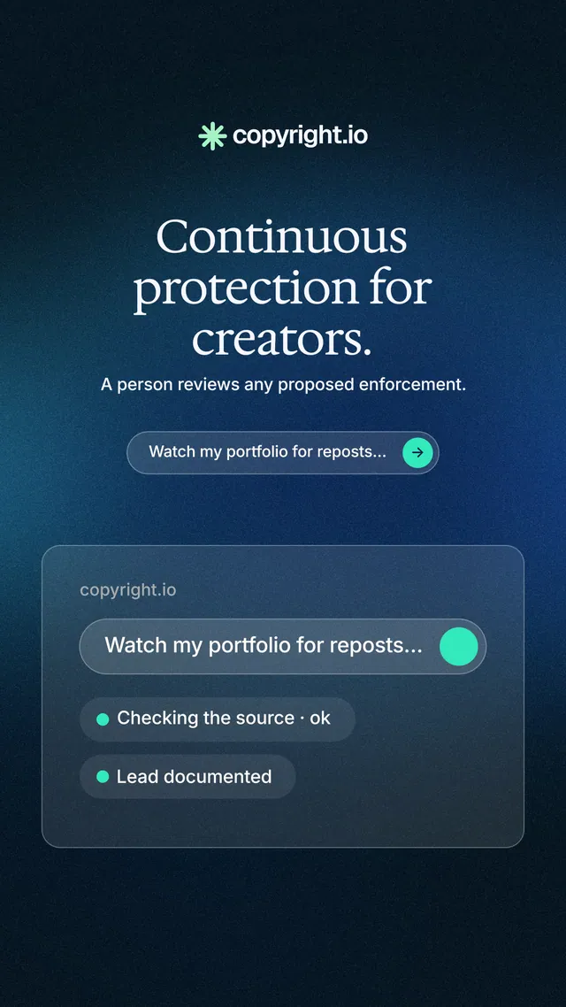 Instagram story for copyright.io: "Continuous protection for creators." Agentic glass style, centred layout, dark palette in black, blue.