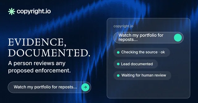 Social ad for copyright.io: "Evidence, documented." Agentic glass style, bottom layout, dark palette in blue, black.