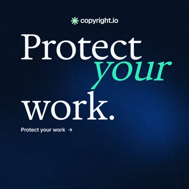 Instagram post for copyright.io: "Protect your work." Minimal luxury style, stacked layout, dark palette in black, blue.