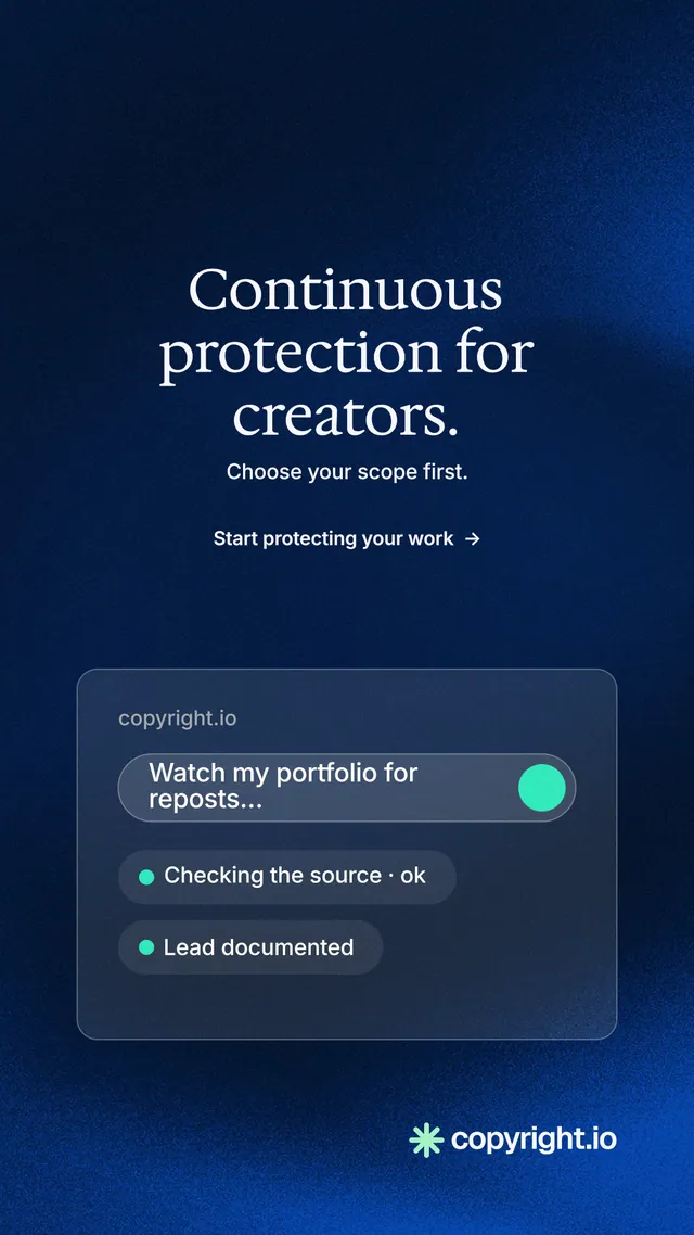 Instagram story for copyright.io: "Continuous protection for creators." Minimal luxury style, centred layout, dark palette in blue, black.