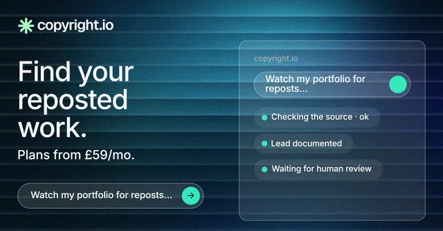Social ad for copyright.io: "Find your reposted work." Agentic glass style, bottom layout, dark palette in blue, black.