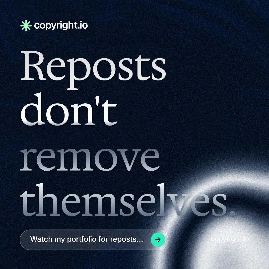 Instagram post for copyright.io: "Reposts don't remove themselves." Agentic glass style, poster layout, dark palette in black, grey.