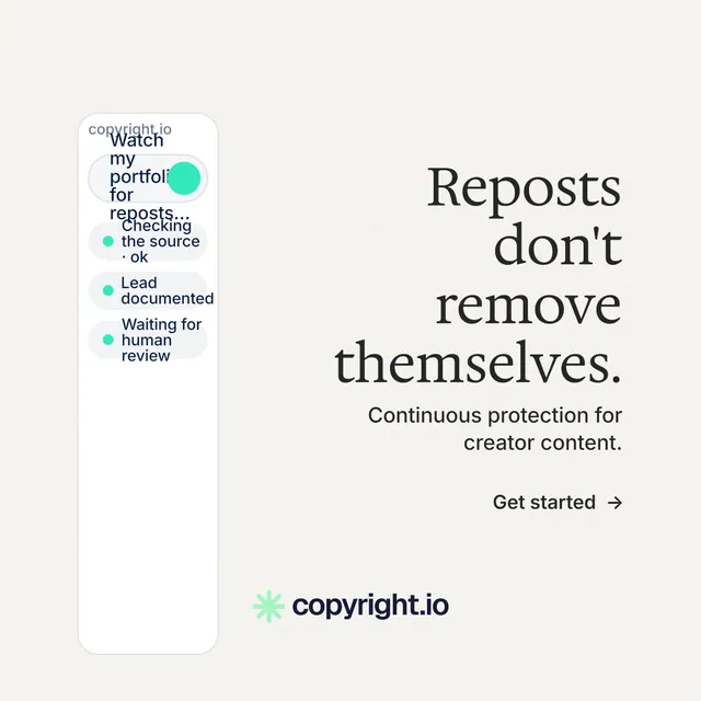Instagram post for copyright.io: "Reposts don't remove themselves." Minimal luxury style, right layout, light palette in white, grey.