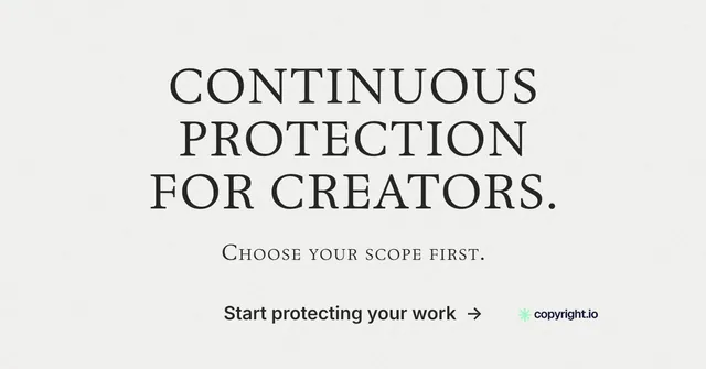 Social ad for copyright.io: "Continuous protection for creators." Editorial style, smallcaps layout, light palette in white.