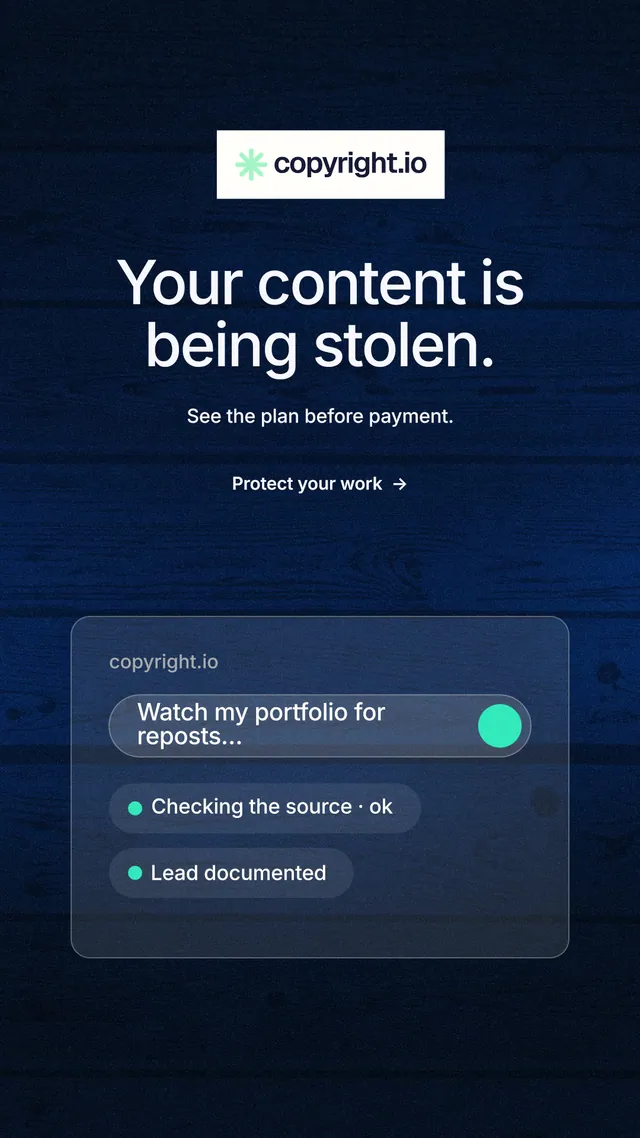 Instagram story for copyright.io: "Your content is being stolen." Minimal luxury style, centred layout, dark palette in black, blue, grey.
