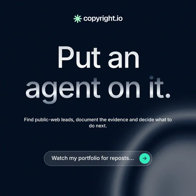 Instagram post for copyright.io: "Put an agent on it." Agentic glass style, centred layout, dark palette in black, blue.