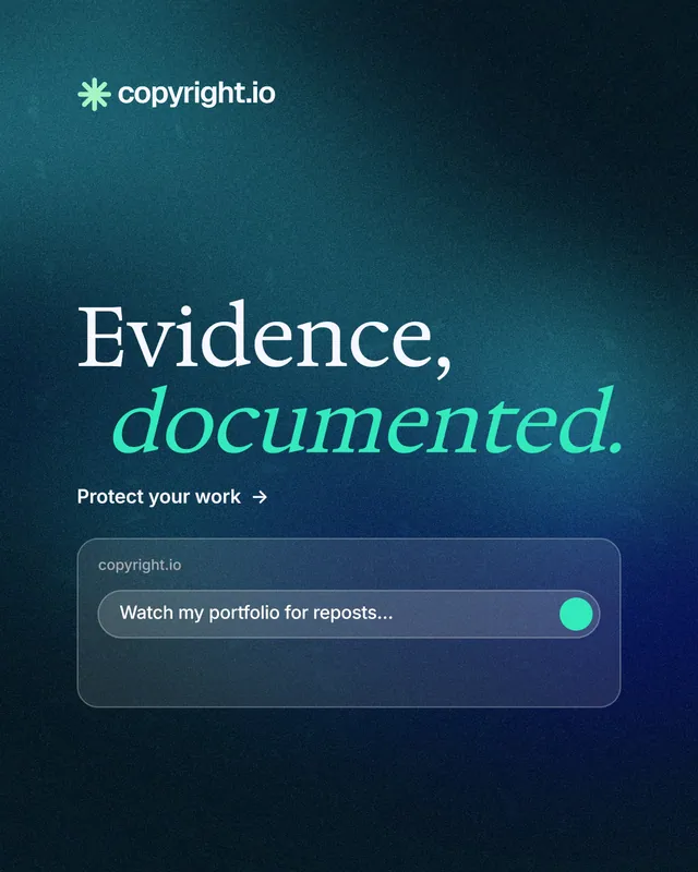 Instagram portrait post for copyright.io: "Evidence, documented." Minimal luxury style, stacked layout, dark palette in black, blue, teal.