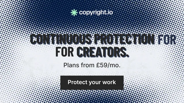 Landscape graphic for copyright.io: "Continuous protection for creators." Retro print style, skeleton layout, light palette in blue, grey, white.