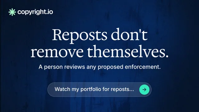Landscape graphic for copyright.io: "Reposts don't remove themselves." Agentic glass style, centred layout, dark palette in blue, black.