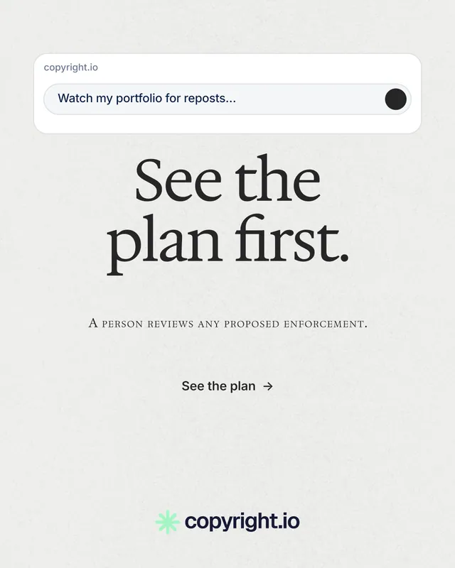 Instagram portrait post for copyright.io: "See the plan first." Swiss style, smallcaps layout, light palette in white, grey.