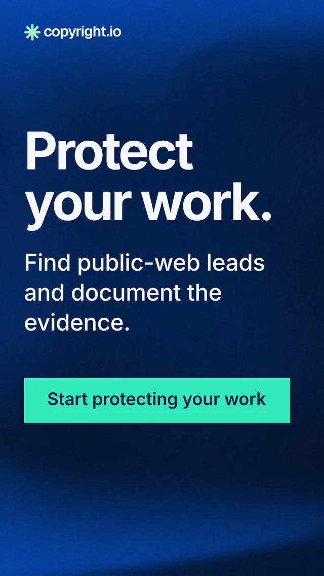 Instagram story for copyright.io: "Protect your work." Swiss style, skeleton layout, dark palette in blue.