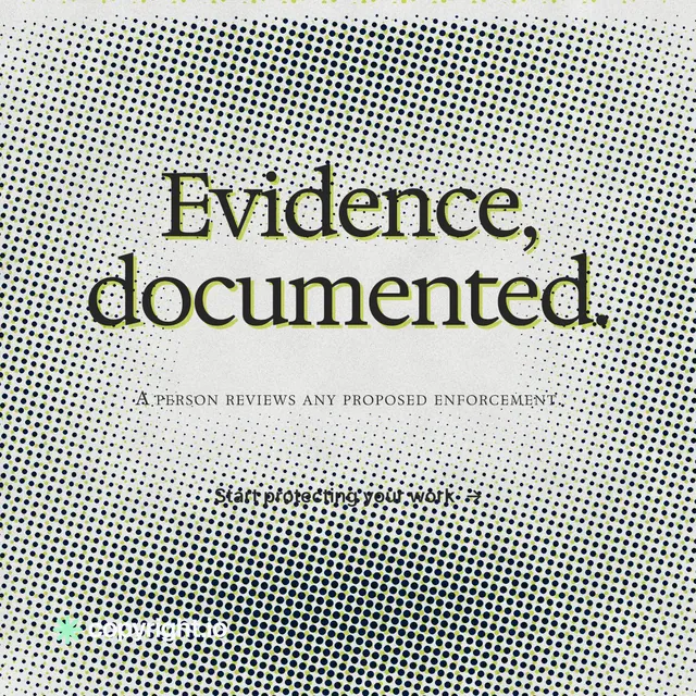 Instagram post for copyright.io: "Evidence, documented." Swiss style, smallcaps layout, light palette in grey, white.