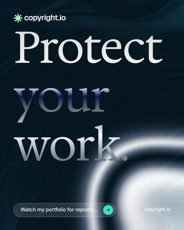 Instagram portrait post for copyright.io: "Protect your work." Agentic glass style, poster layout, dark palette in black, grey, blue.