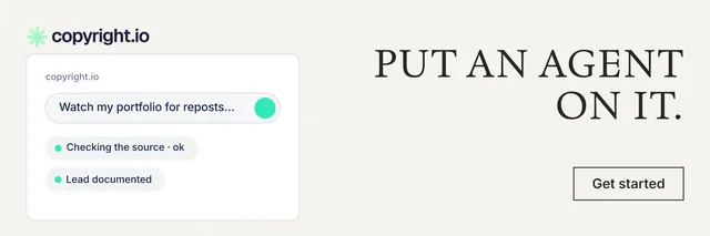 X header for copyright.io: "Put an agent on it." Editorial style, right layout, light palette in white.